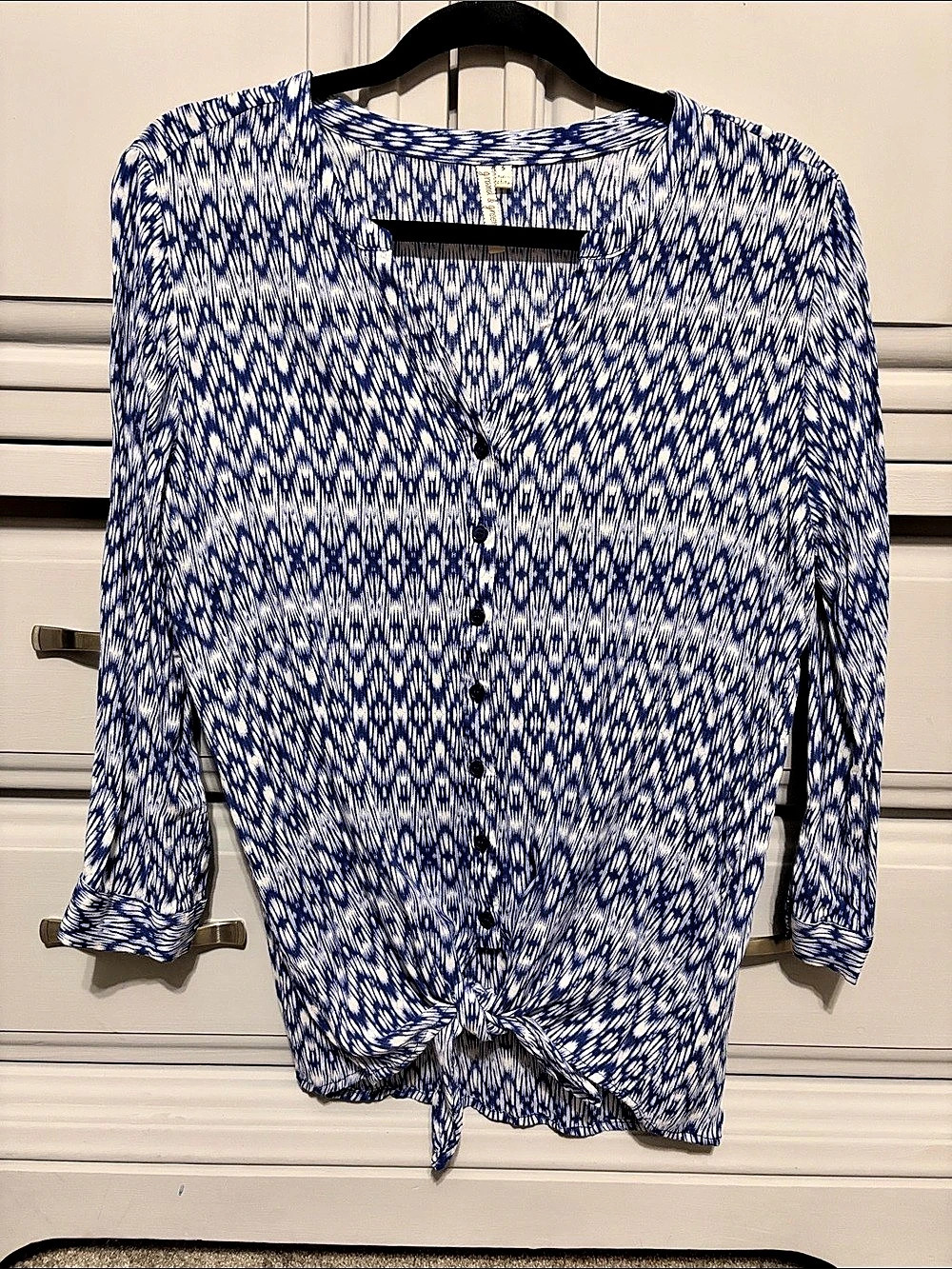Geometric Tie-Front Blouse in Blue & White Size Small
